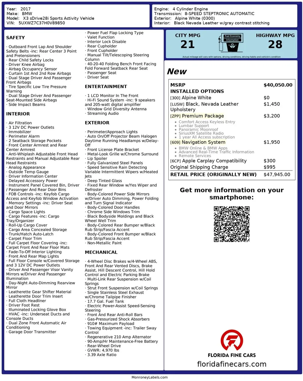 Florida Fine Cars - Used BMW X3 2017 MARGATE SDRIVE28I