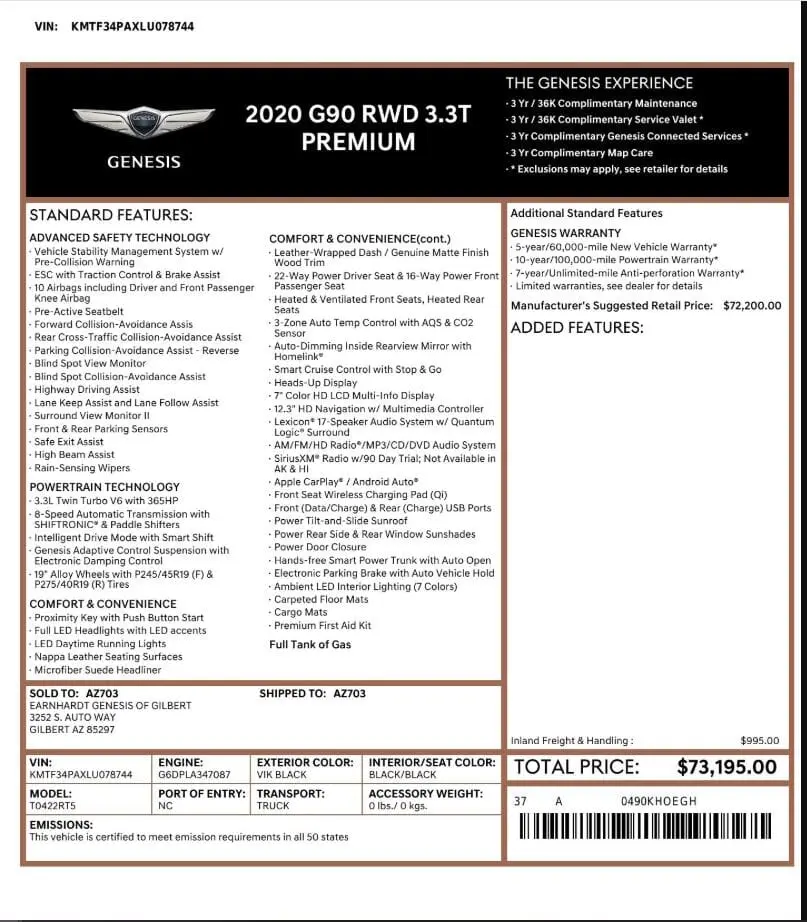 Florida Fine Cars - Used GENESIS G90 2020 WEST PALM 3.3T PREMIUM