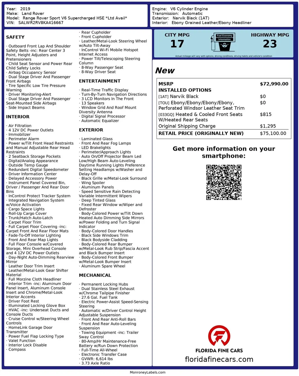 Florida Fine Cars - Used LAND ROVER RANGE ROVER SPORT 2019 MARGATE HSE