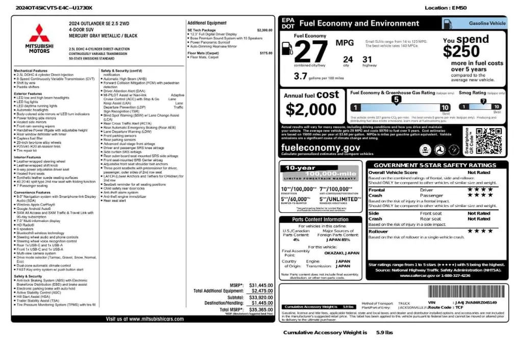 Florida Fine Cars - Used MITSUBISHI OUTLANDER 2024 MARGATE SE
