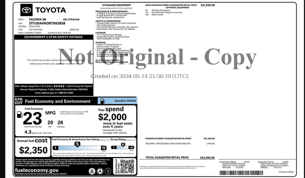 Florida Fine Cars - Used TOYOTA TACOMA 2WD 2024 WEST PALM SR