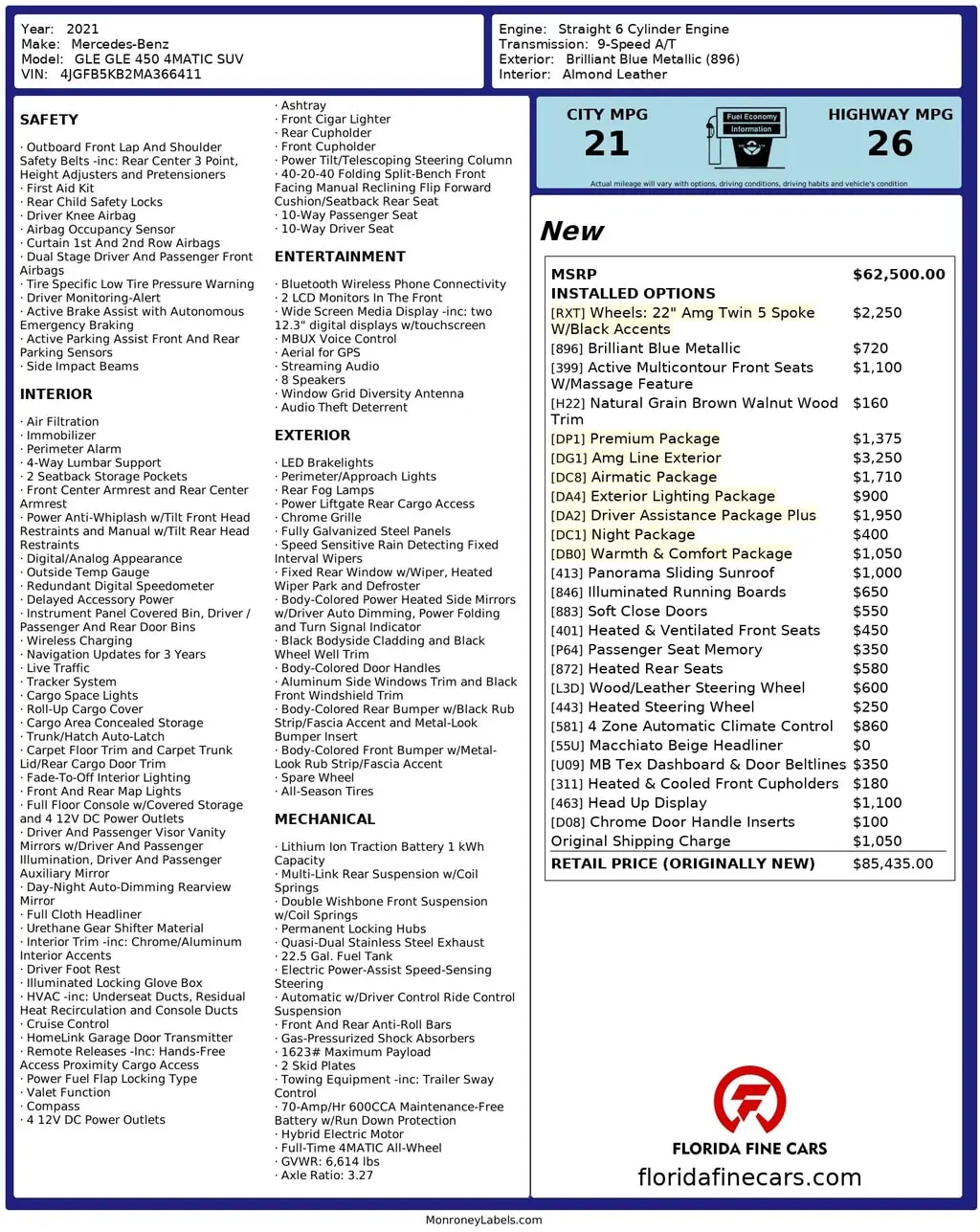 Florida Fine Cars - Used MERCEDES-BENZ GLE 2021 MIAMI GLE 450