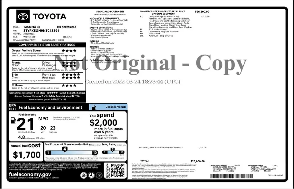 Florida Fine Cars - Used TOYOTA TACOMA 2WD 2022 WEST PALM SR