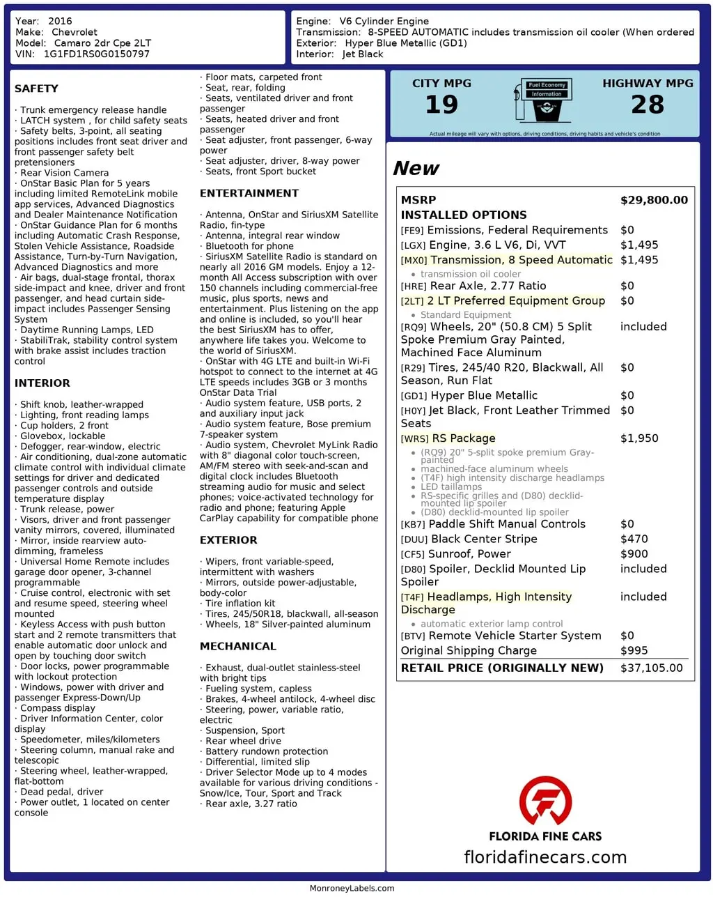 Florida Fine Cars - Used CHEVROLET CAMARO 2016 ORLANDO 2LT