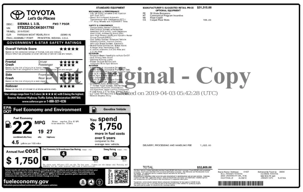 Florida Fine Cars - Used TOYOTA SIENNA 2019 MARGATE L