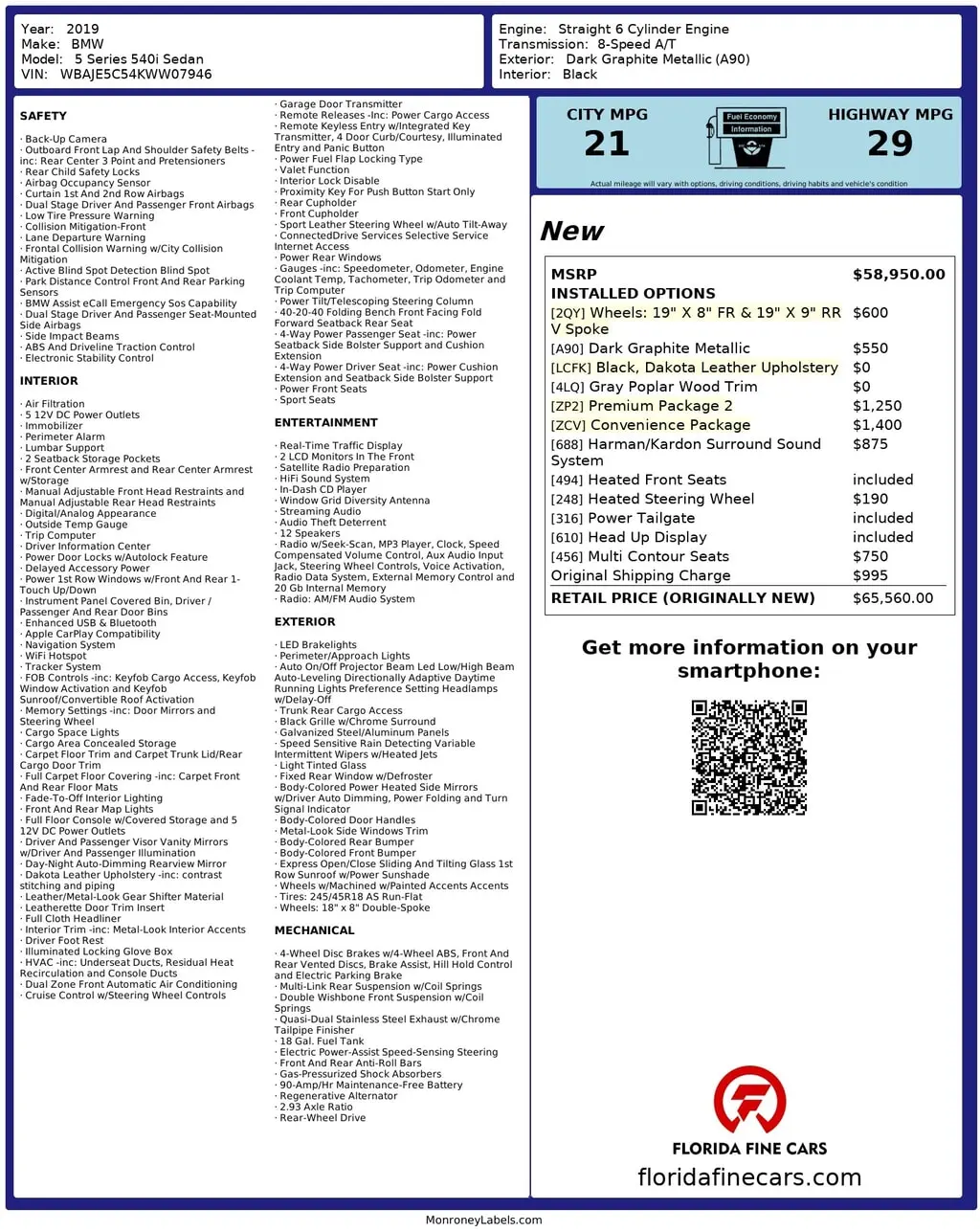 Florida Fine Cars - Used BMW 5 SERIES 2019 WEST PALM 540I