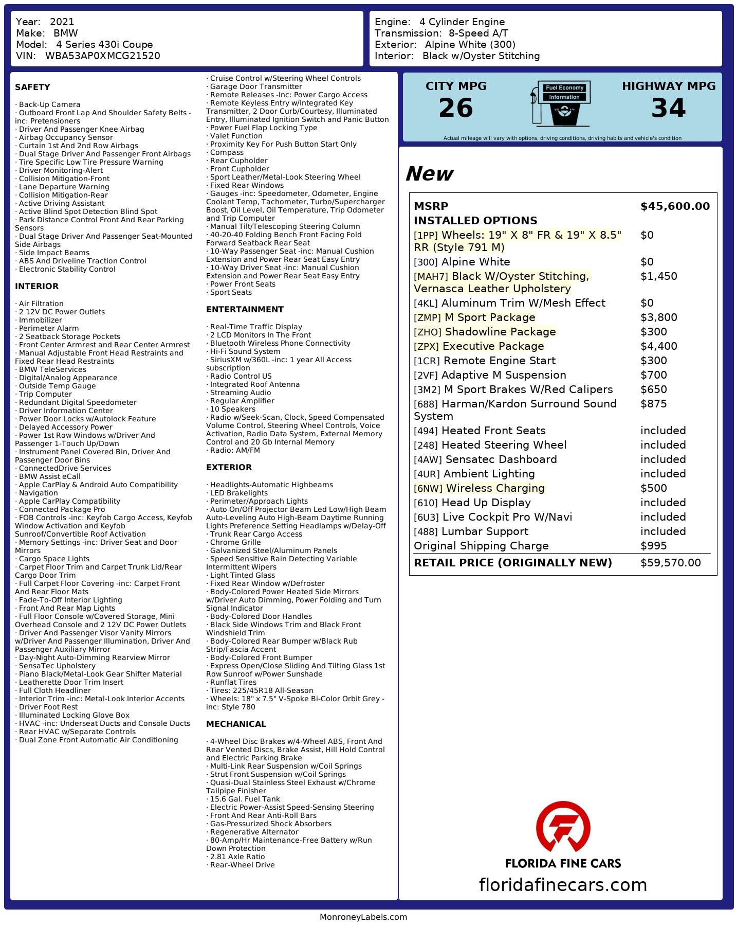 Florida Fine Cars - Used BMW 4 SERIES 2021 MARGATE 430I