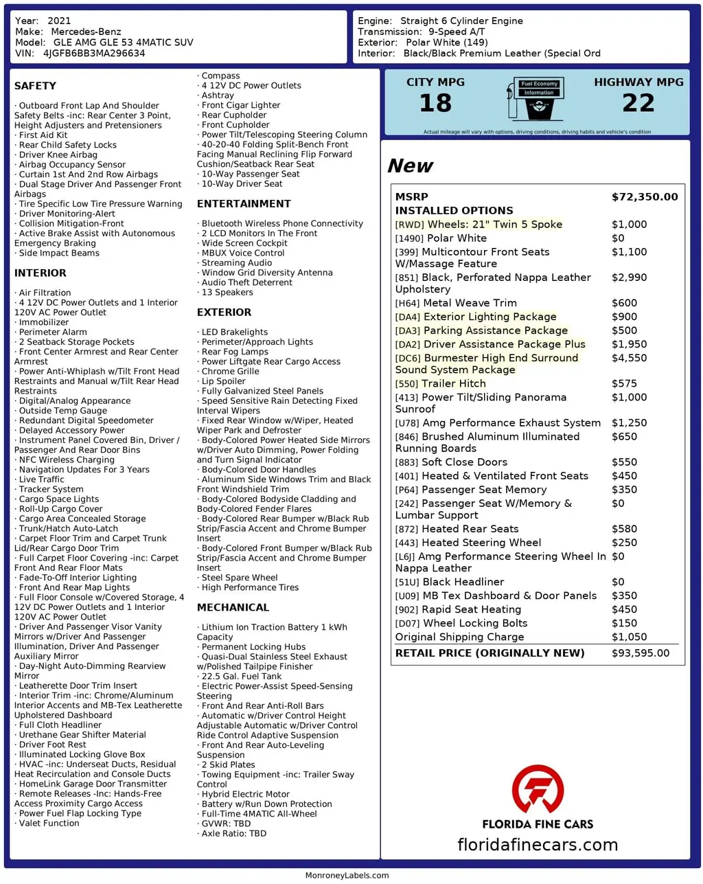 Florida Fine Cars - Used MERCEDES-BENZ GLE 2021 MARGATE AMG GLE 53