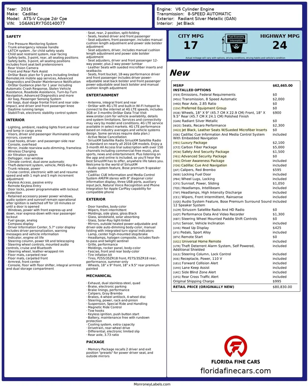 Florida Fine Cars - Used CADILLAC ATS-V 2016 MIAMI 