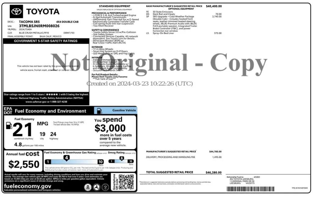 Florida Fine Cars - Used TOYOTA TACOMA 4WD 2024 MARGATE SR5