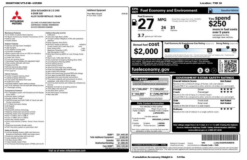 Florida Fine Cars - Used MITSUBISHI OUTLANDER 2024 MARGATE SE