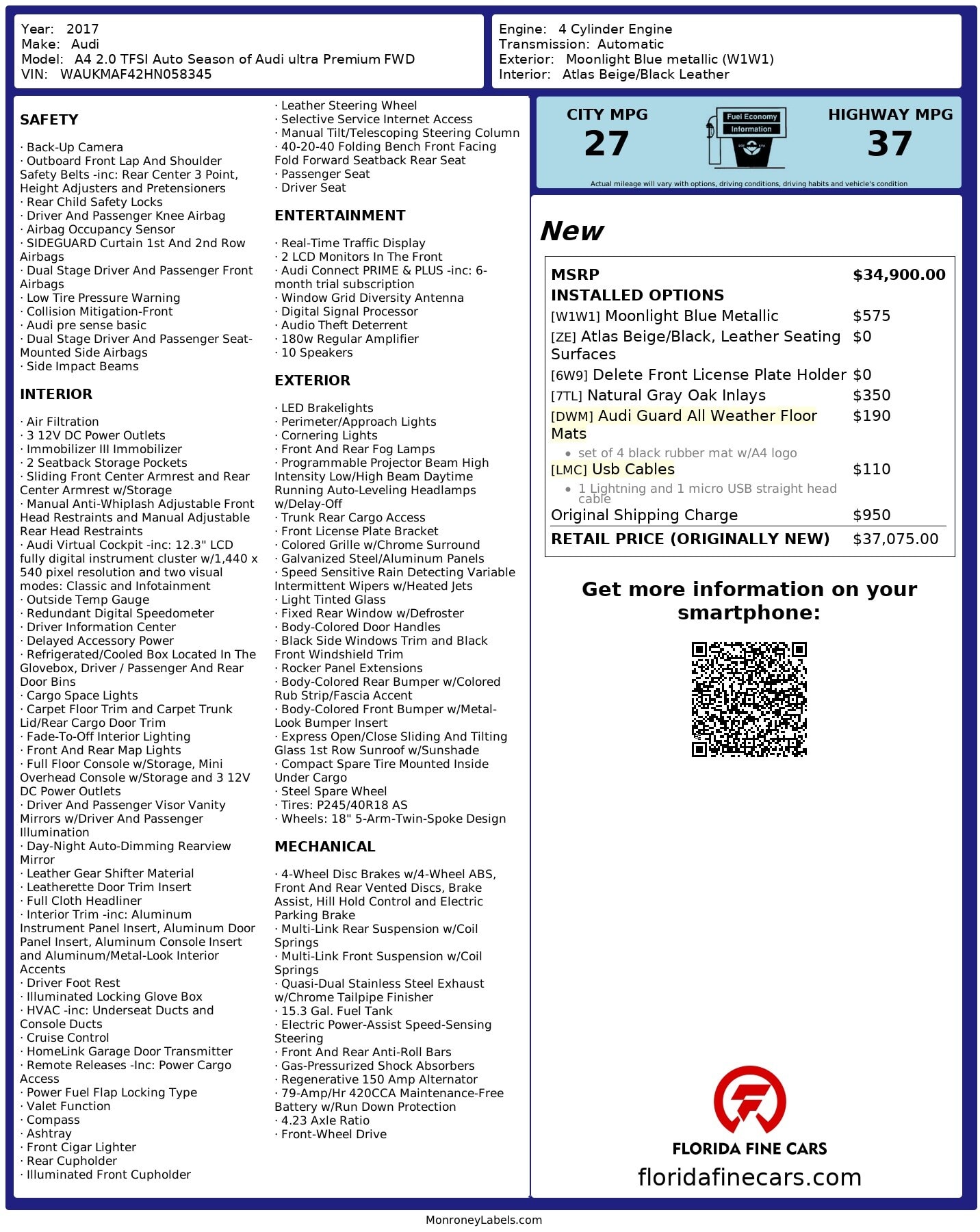 Florida Fine Cars - Used AUDI A4 2017 WEST PALM ULTRA PREMIUM