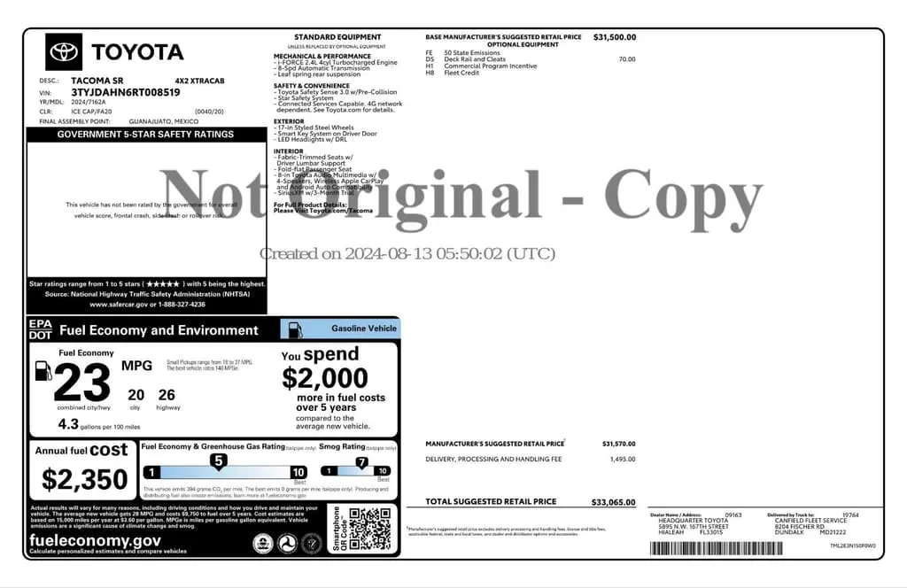 Florida Fine Cars - Used TOYOTA TACOMA 2WD 2024 WEST PALM SR