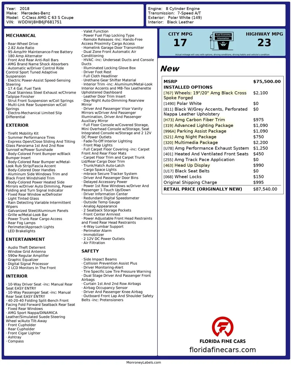 Florida Fine Cars - Used MERCEDES-BENZ C-CLASS 2018 MARGATE AMG C 63 S