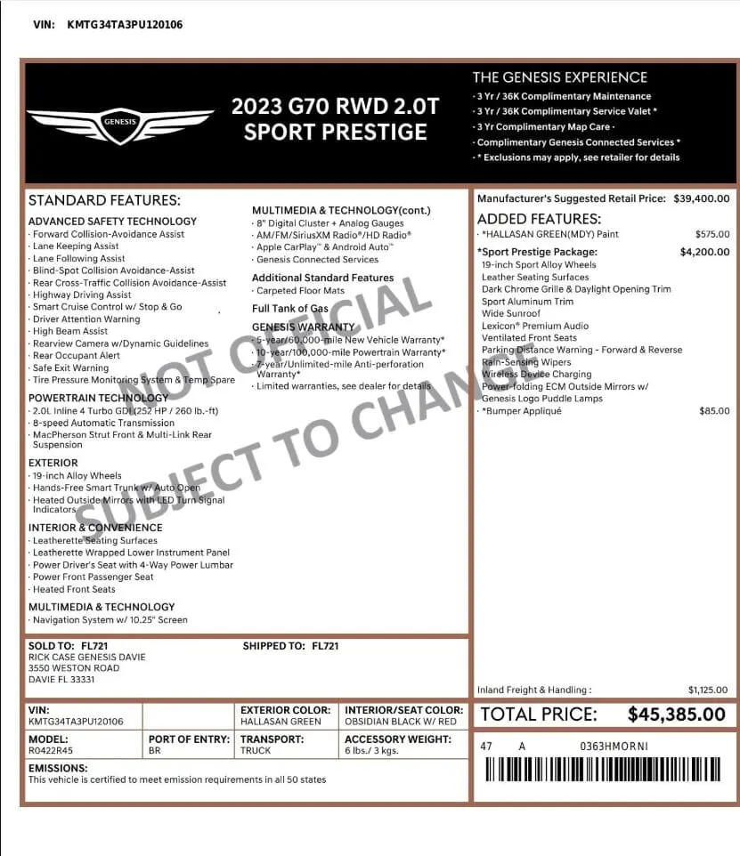 Florida Fine Cars - Used GENESIS G70 2023 WEST PALM 2.0T