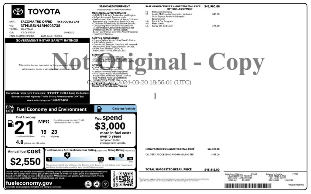 Florida Fine Cars - Used TOYOTA TACOMA 4WD 2024 MARGATE TRD OFF ROAD