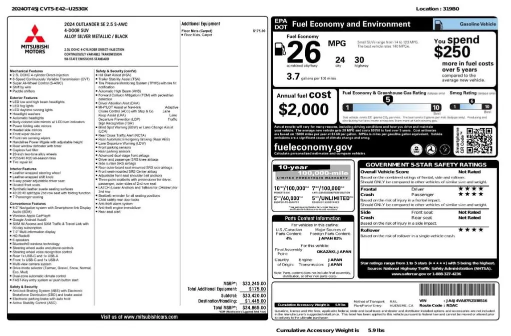 Florida Fine Cars - Used MITSUBISHI OUTLANDER 2024 MARGATE SE