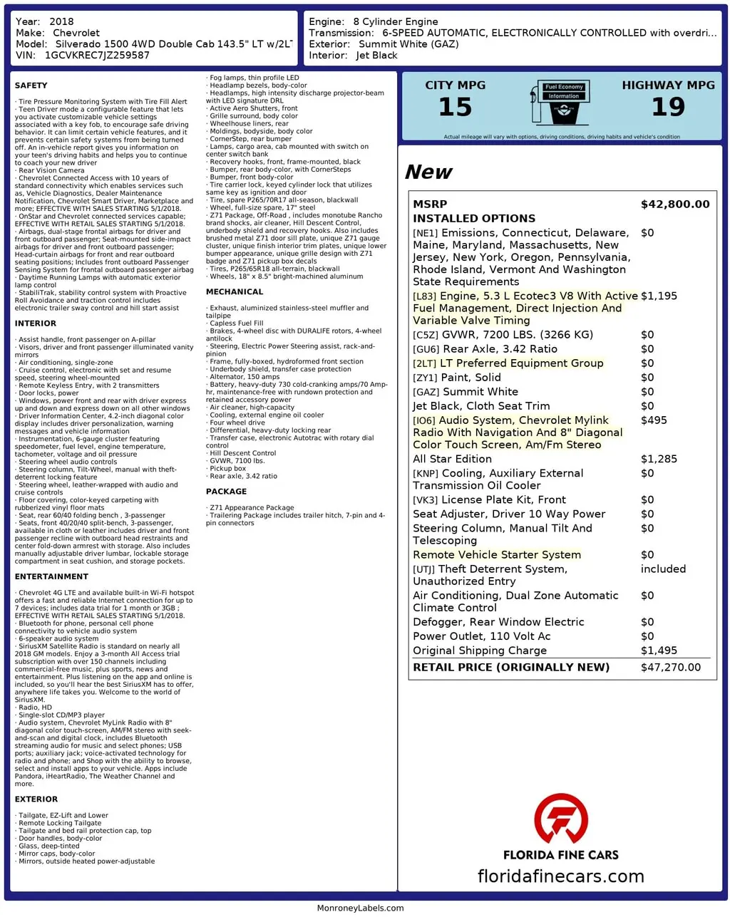 Florida Fine Cars - Used CHEVROLET SILVERADO 1500 2018 MIAMI LT