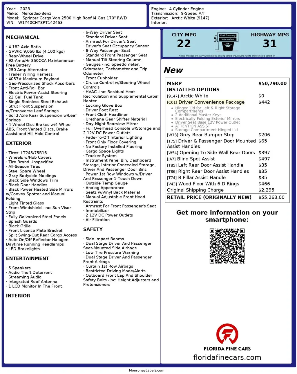 Florida Fine Cars - Used MERCEDES-BENZ SPRINTER 2023 ORLANDO 2500 Cargo Van High Roof 170.0" WB