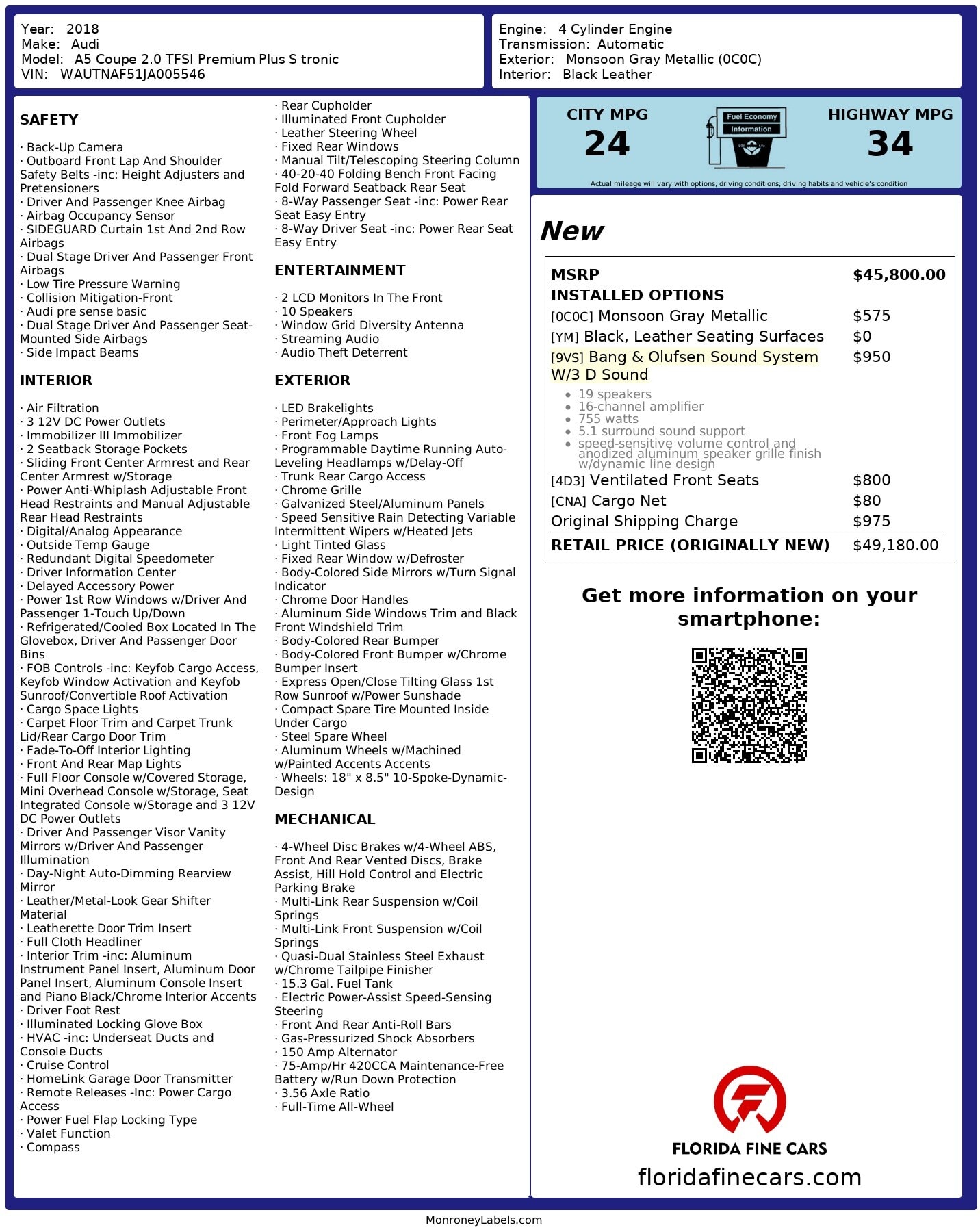 Florida Fine Cars - Used AUDI A5 2018 WEST PALM PREMIUM PLUS