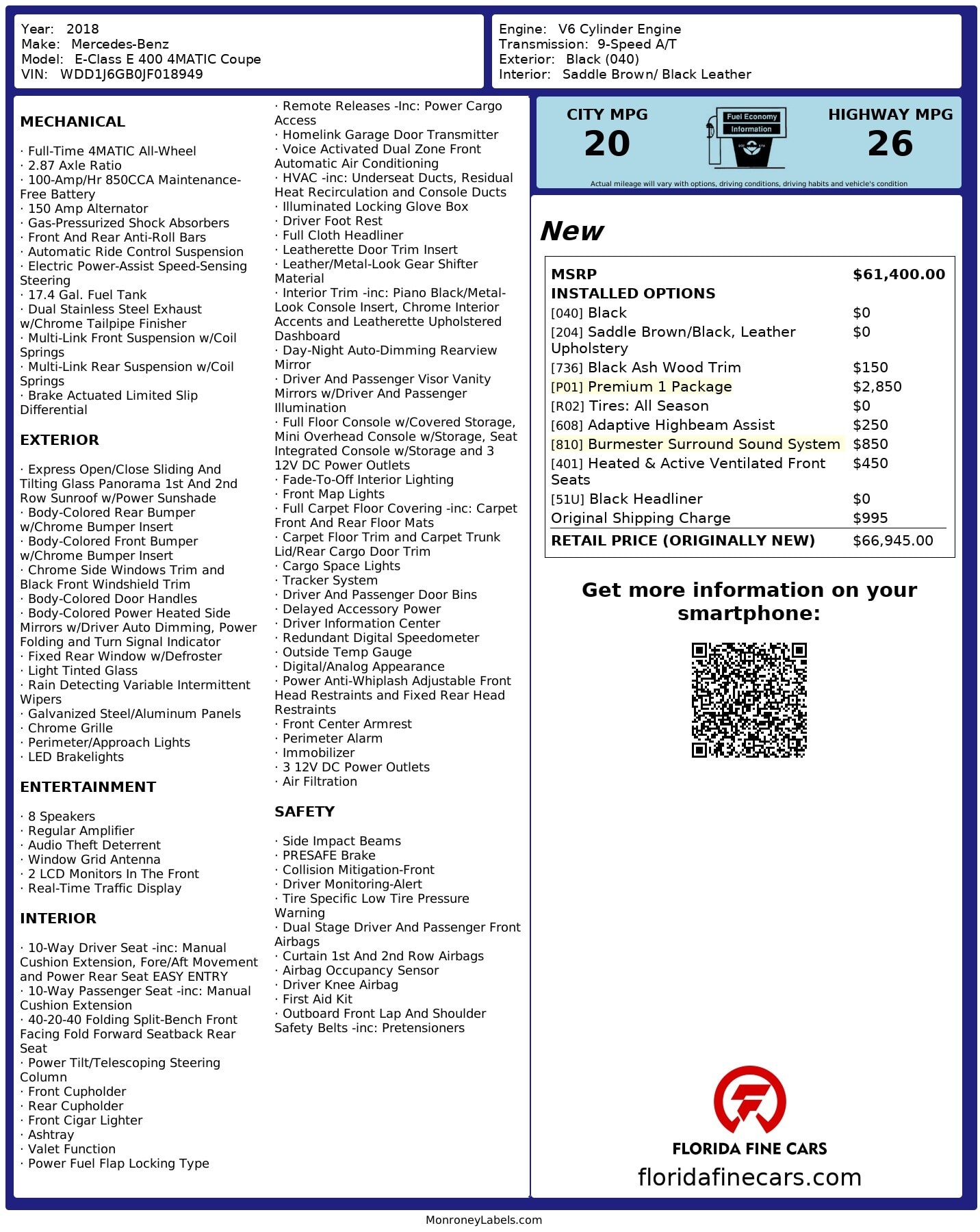 Florida Fine Cars - Used MERCEDES-BENZ E-CLASS 2018 MIAMI E 400 4MATIC COUPE 