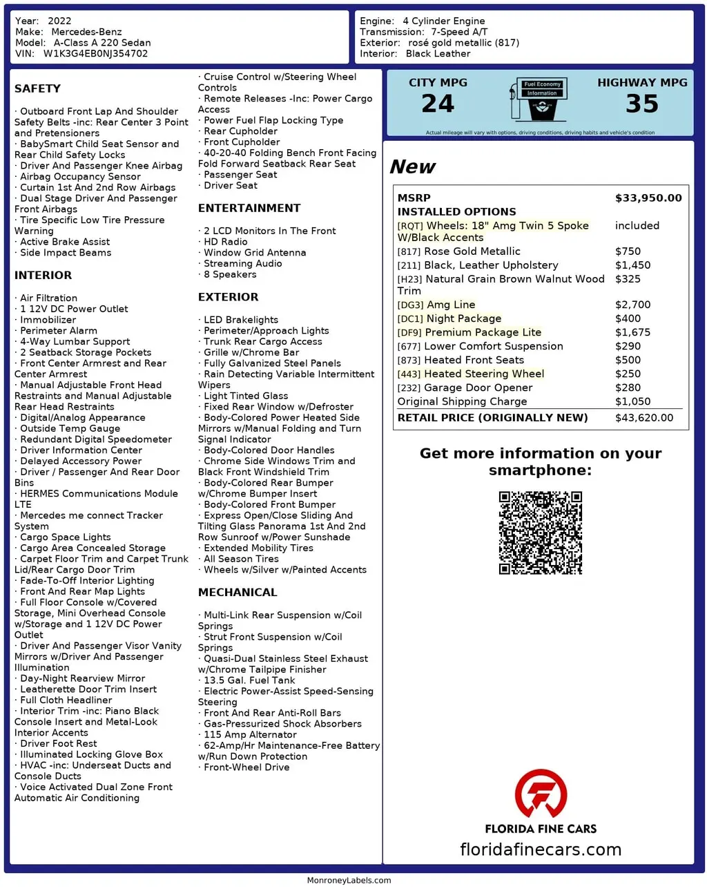 Florida Fine Cars - Used MERCEDES-BENZ A-CLASS 2022 MARGATE A 220