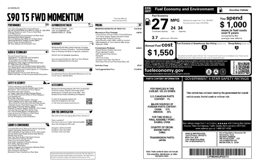 Florida Fine Cars - Used VOLVO S90 2018 WEST PALM MOMENTUM