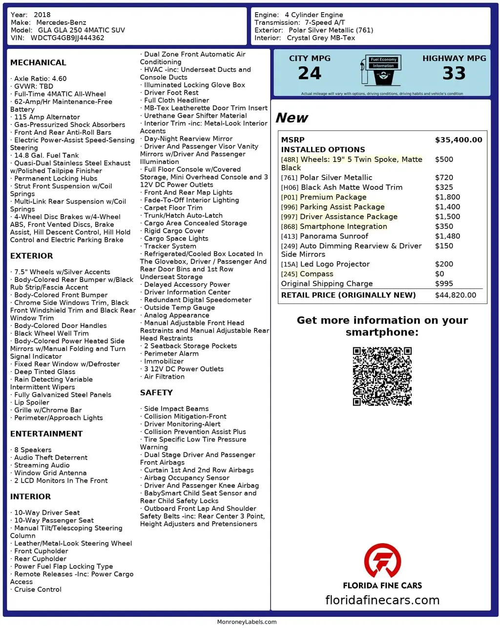 Florida Fine Cars - Used MERCEDES-BENZ GLA 2018 WEST PALM GLA 250 4MATIC