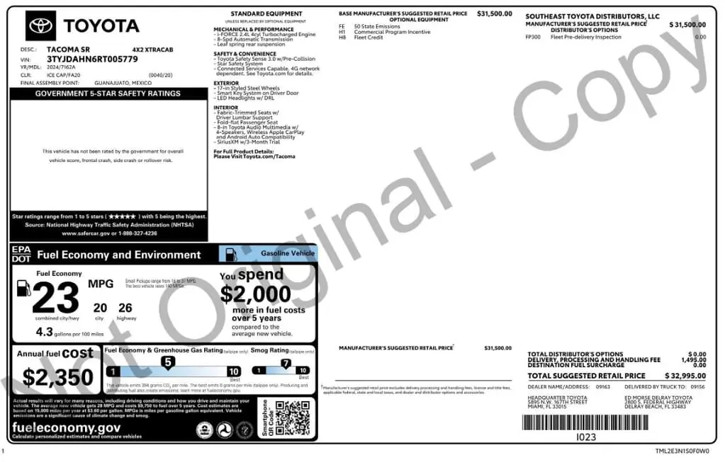 Florida Fine Cars - Used TOYOTA TACOMA 2WD 2024 MARGATE SR