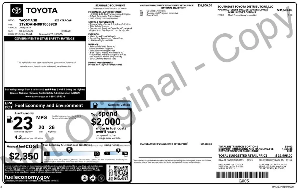 Florida Fine Cars - Used TOYOTA TACOMA 2WD 2024 WEST PALM SR