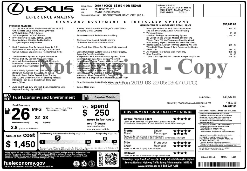 Florida Fine Cars - Used LEXUS ES 2019 ORLANDO ES 350