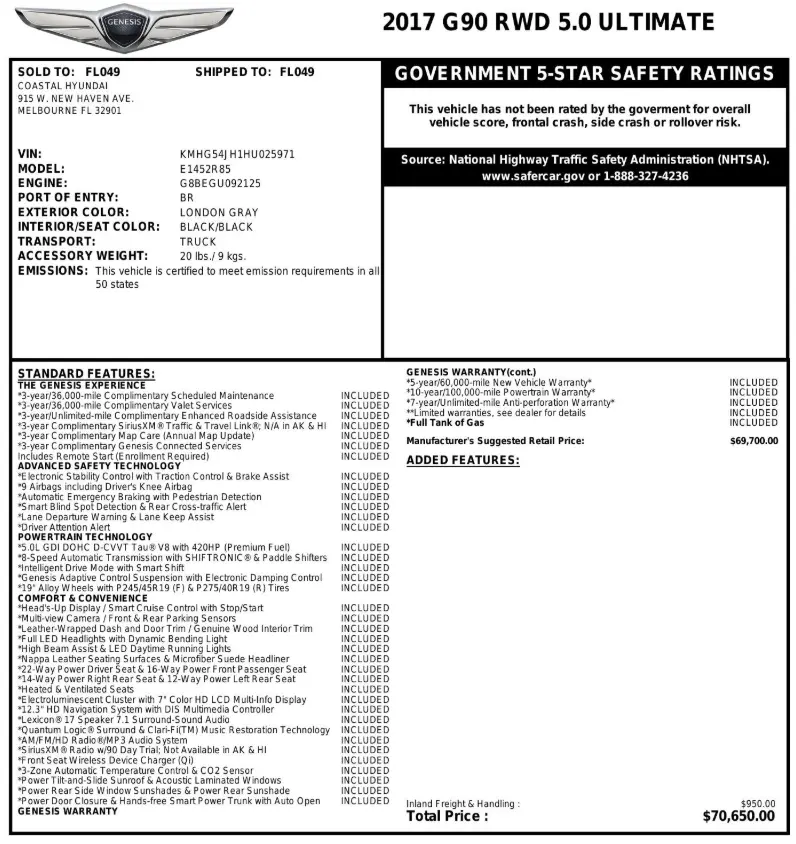 Florida Fine Cars - Used GENESIS G90 2017 ORLANDO 5.0L ULTIMATE