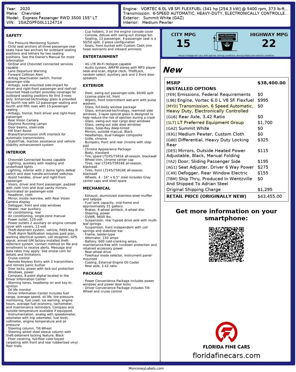 Florida Fine Cars - Used CHEVROLET EXPRESS PASSENGER 2020 WEST PALM LT