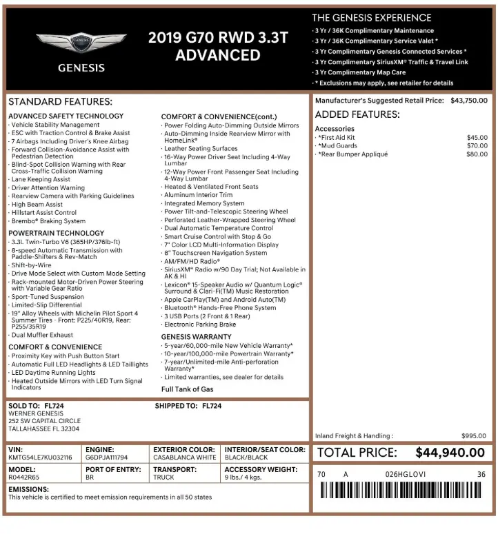 Florida Fine Cars - Used GENESIS G70 2019 WEST PALM 3.3T ADVANCED