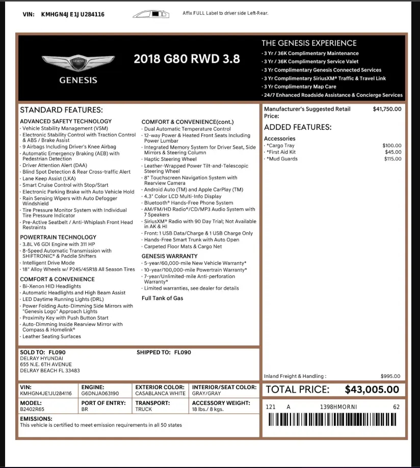 Florida Fine Cars - Used GENESIS G80 2018 WEST PALM 3.8L