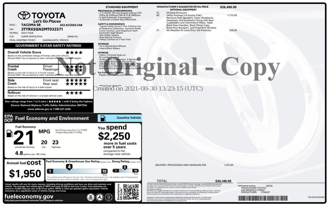 Florida Fine Cars - Used vehicle - TRUCK TOYOTA TACOMA 2WD 2021