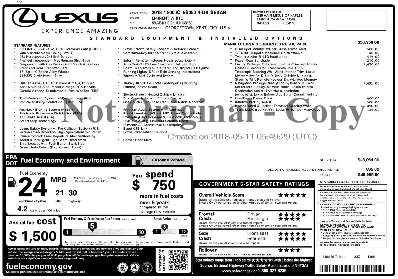 Florida Fine Cars - Used vehicle - SEDAN LEXUS ES 2018