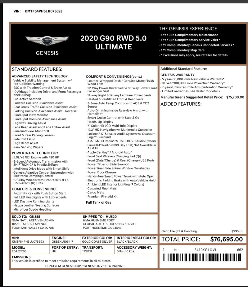 Florida Fine Cars - Used GENESIS G90 2020 WEST PALM 5.0L ULTIMATE