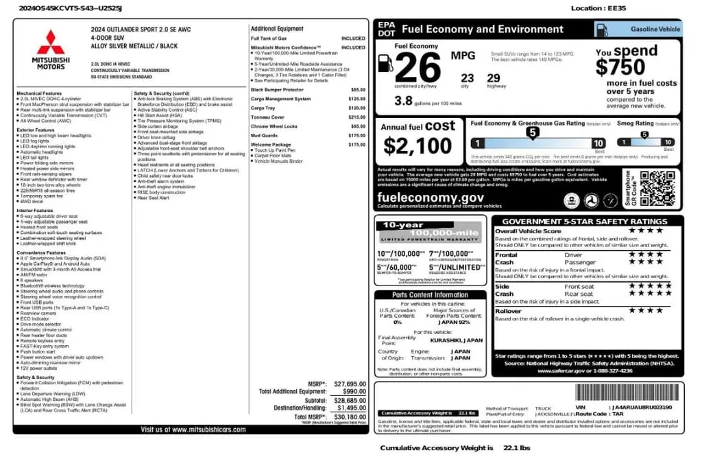 Florida Fine Cars - Used MITSUBISHI OUTLANDER SPORT 2024 MARGATE S