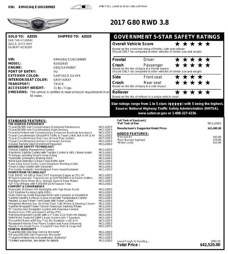 Florida Fine Cars - Used GENESIS G80 2017 MARGATE 3.8L