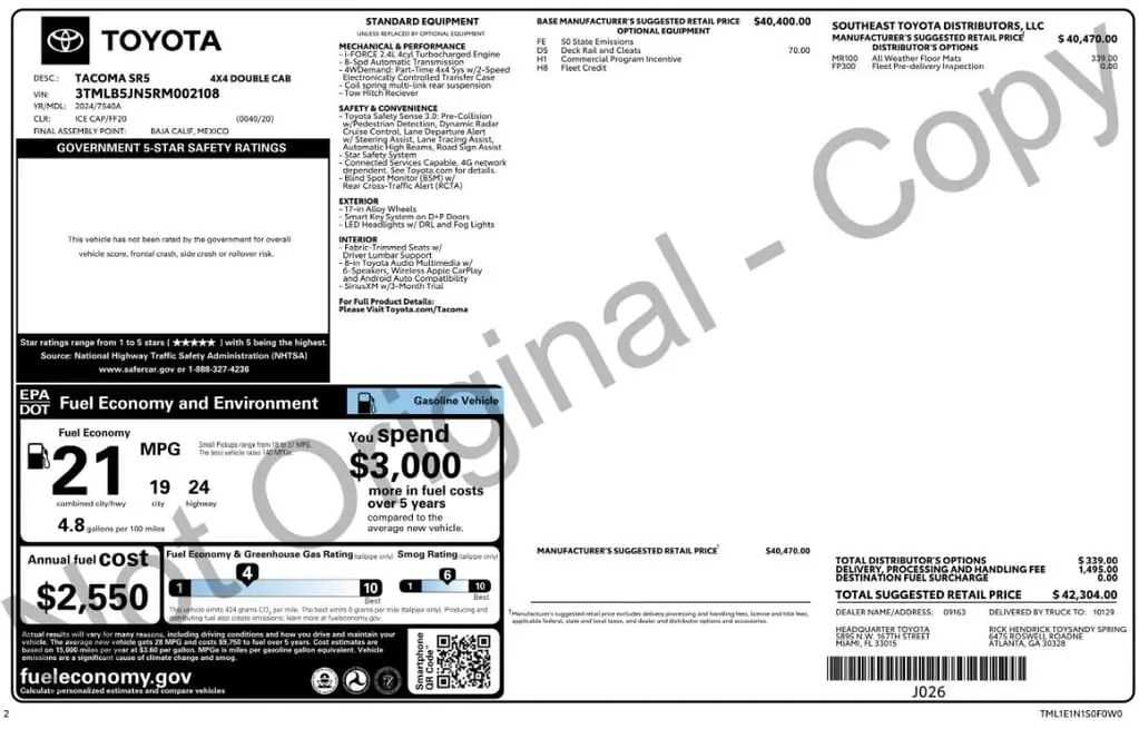 Florida Fine Cars - Used TOYOTA TACOMA 4WD 2024 WEST PALM SR5