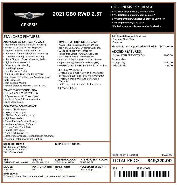 Florida Fine Cars - Used GENESIS G80 2021 MARGATE 2.5T