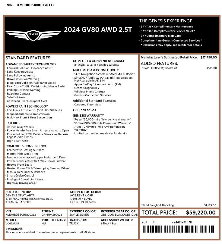 Florida Fine Cars - Used vehicle - SUV GENESIS GV80 2024