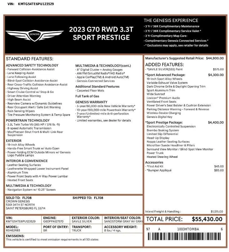 Florida Fine Cars - Used GENESIS G70 2023 MARGATE 3.3T