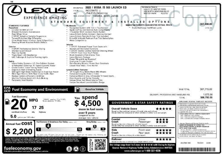 Florida Fine Cars - Used LEXUS IS 2022 WEST PALM IS 500 F SPORT PERFORMANCE LAUNCH EDITION