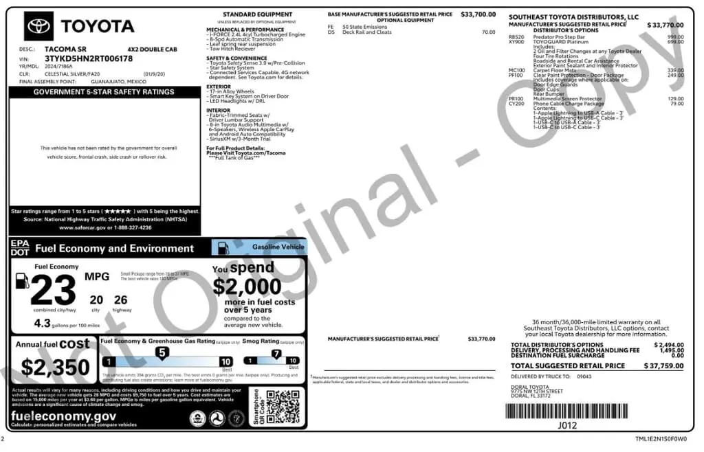 Florida Fine Cars - Used TOYOTA TACOMA 2WD 2024 MARGATE SR