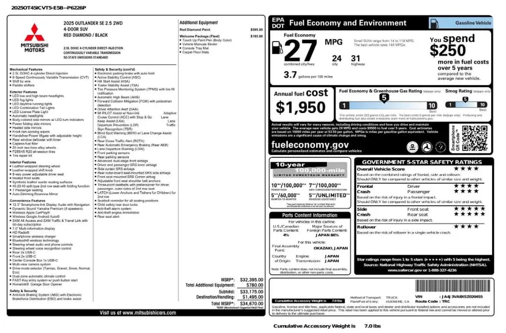 Florida Fine Cars - Used MITSUBISHI OUTLANDER 2025 MARGATE SE