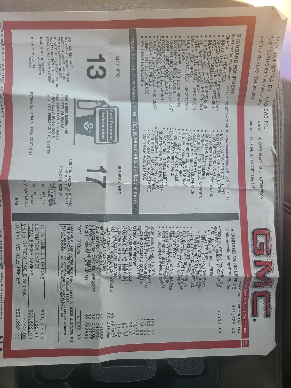 Used 1998 GMC Sierra 1500 SLT for sale in GLADSTONE AUTO SALES AND