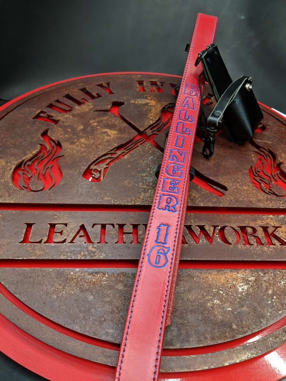 Red Custom Leather Firefighter Radio Strap with Holster