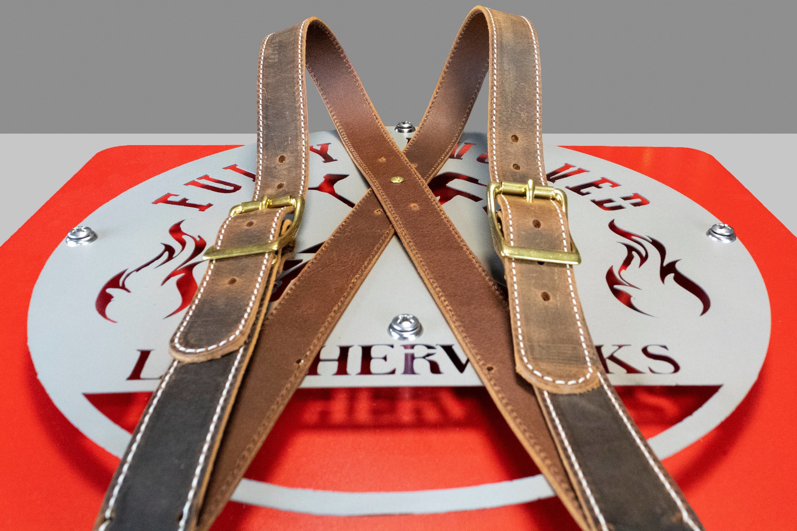 Rustic Brown Leather XBack Suspenders for Firefighters by Fully